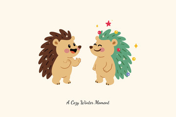 Cozy Winter Moment with Two Cute Hedgehogs – Warm Illustration