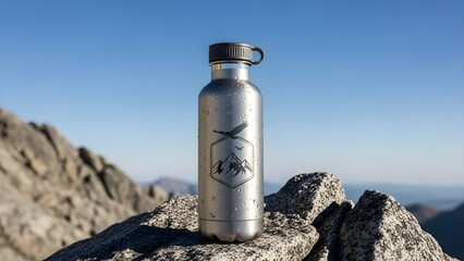 Stainless Steel Water Bottle on Mountain Rock