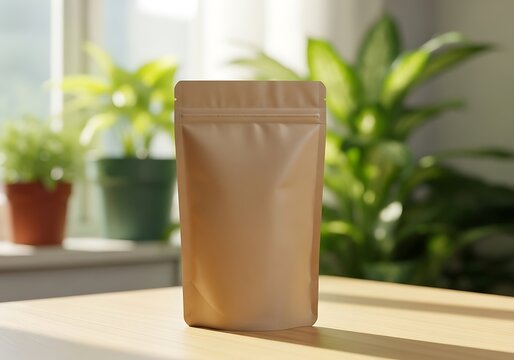 A brown resealable pouch sits on a wooden table in front of a window with green plants