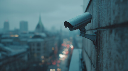 A rainy day captures a surveillance camera overlooking a cityscape, blending technology with an urban setting to convey a sense of watchfulness.
