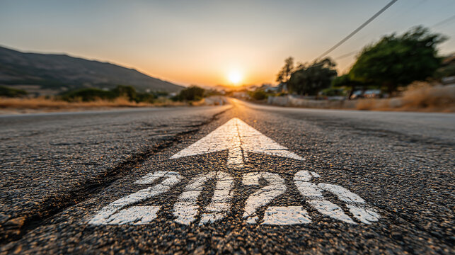 A scenic road leads towards a vibrant sunset, marked with the year 2026 and an arrow guiding the way forward, symbolizing hope and new beginnings.