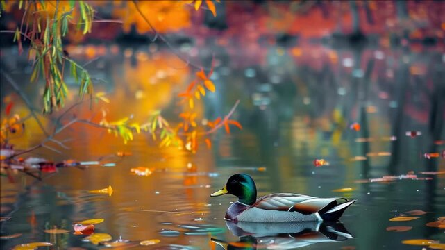 Autumn leaves on the water's surface create a tranquil scene in this of two ducks swimming in a pond during the fall season.