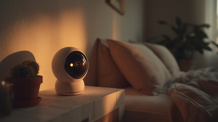 A cozy bedroom illuminated by warm light, featuring a modern camera device on a bedside table beside a cactus and soft pillows.