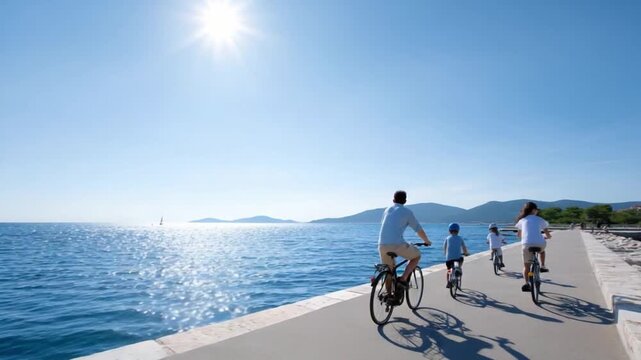 Experience the charm of a sunny day by the ocean. Families cycling together create lasting memories. This video showcases the beauty of outdoor activities and nature. AI