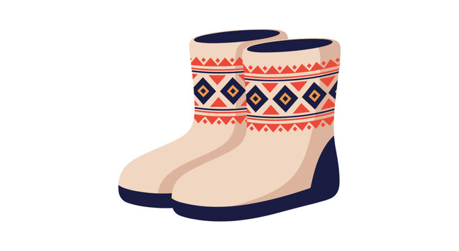 A pair of traditional beige felt boots or valenki decorated with a colorful red and blue geometric folk art pattern.