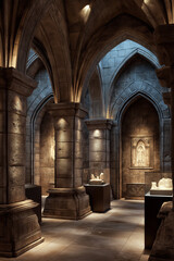 Fototapeta premium Gothic relic chamber with illuminated display pedestals, ancient carved artifacts, and cold ambient light highlighting the stonework