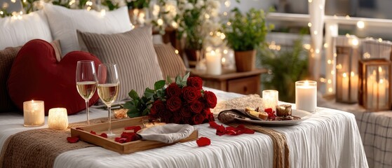 Romantic dinner setting with red roses and white wine glasses on the table featuring candlelight for a special occasion celebration
