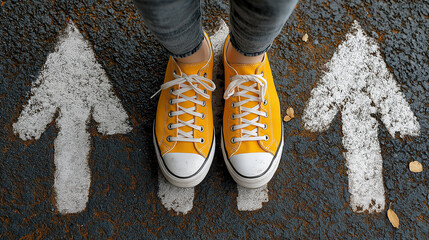 Bright yellow sneakers stand atop a worn path marked with white arrows, guiding the way forward amidst a textured asphalt backdrop.