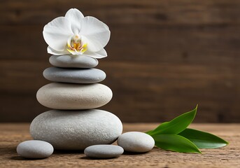 White orchid balanced on stacked grey and white smooth stones on wood meditation
