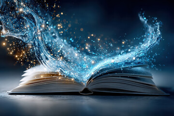 Sparkling water emerges from an open book creating a magical moment in a dark space