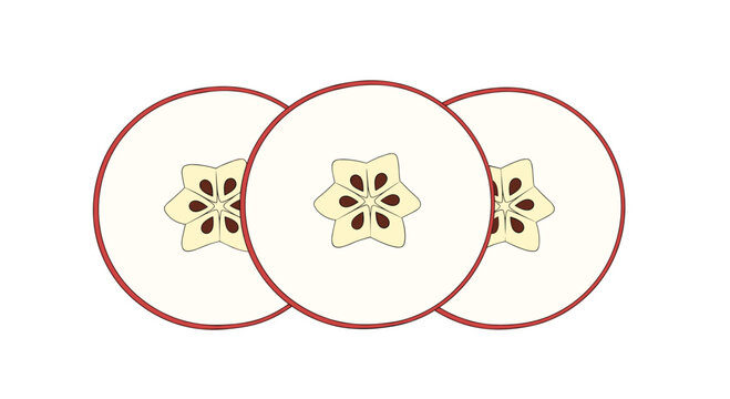 Three round and uniform slices of a red apple arranged in a neat row showing the star-shaped core and pips inside.