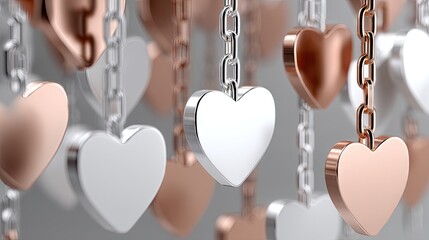 Hanging hearts in rose gold and white create a visual display for Valentine's Day with a soft blurred background