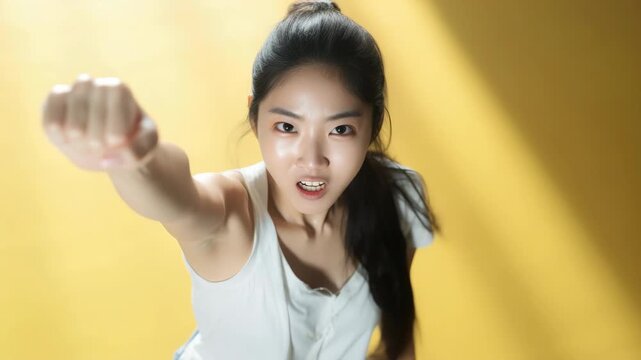 A woman showing her determination and confidence. She's making a fist in front of her chest.