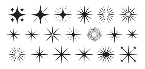 Variety of star and sparkle icons with sunburst and twinkle effects for design embellishment