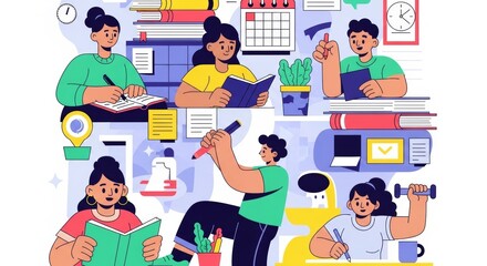 Students studying, writing, and reading in colorful clothing with books, notes, and a calendar in a modern style. Illustration of pupils at a library, or school.