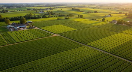 Agricultural fields illuminated by sunlight, showcasing green crops, aerial view of farm.