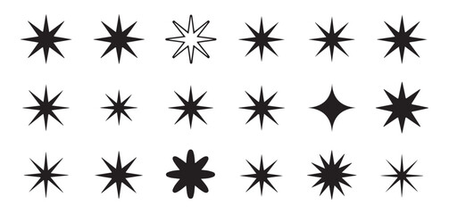 Twenty-four diverse black sparkle icons isolated on white background, star burst flash collection, vector illustration