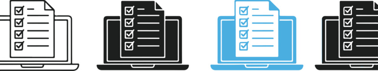 Set of black and blue online checklist survey icons on transparent background