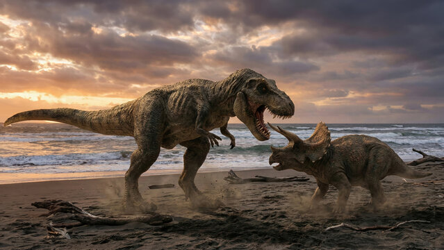 Tyrannosaurus rex and triceratops face off, prehistoric beach, dramatic sunset sky