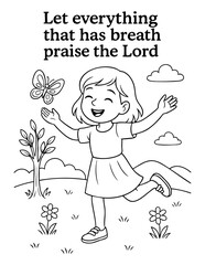 christian coloring page vector illustration with joyful girl praising the lord let everything that has breath praise the lord faith based kids bible activity spring religious line art