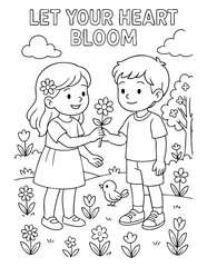 christian coloring page illustration of two kids sharing a flower with let your heart bloom message faith based line art for children bible lessons sunday school activities homeschool worksheets