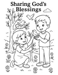 christian kids coloring page vector illustration with children sharing god&rsquo;s blessings and birds for church lessons sunday school homeschool faith worksheets