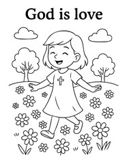 christian coloring page illustration showing a joyful girl with a cross on her dress walking in a field of flowers ideal for kids bible learning sunday school lessons church activities