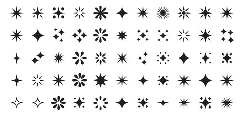 Set of forty-eight diverse black sparkle icons isolated on white background, star burst flashes, vector illustration