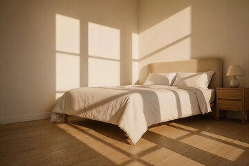 Serene and tidy bedroom featuring a neatly made bed with crisp white linens, illuminated by soft sunlight streaming through window blinds creating a peaceful atmosphere