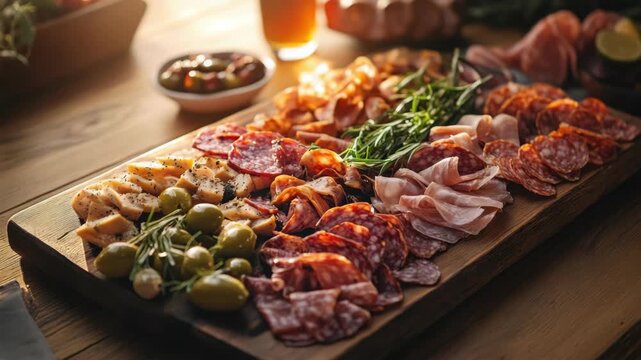 A platter with various meats and olives, ready for serving.