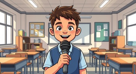 A young boy in school uniform holds a microphone, speaking in a classroom.