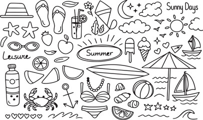 Set of cute line art summer seasonal doodles with leisure objects and decorative elements black and white vector art