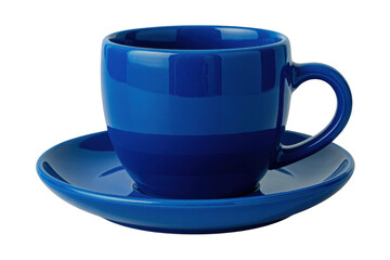 Blue ceramic coffee cup and saucer isolated on a transparent background