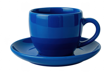 Blue ceramic coffee cup and saucer isolated on a transparent background