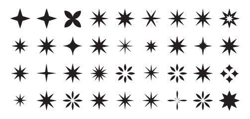 Set of star icons. collection of black star symbols. twinkle, sparkle, and shine effect elements for design