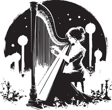 Baroque harpist serenading in candlelight under a starry sumi-e