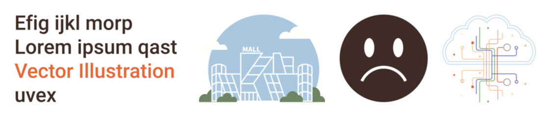 Fototapeta premium Emotional health, smart cities, artificial intelligence, digital design, communication, conceptual art. Modern buildings, sad face and cloud circuit illustrated. Emotional health and smart cities