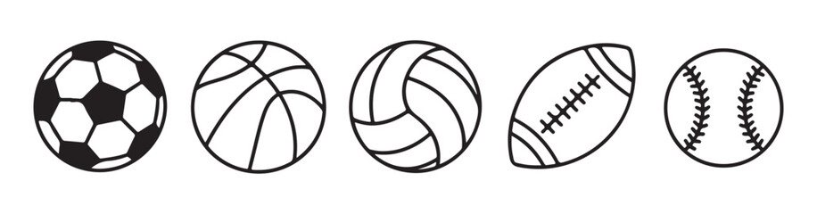 Obraz premium Set of black and white sport balls isolated on white background flat style design vector illustration