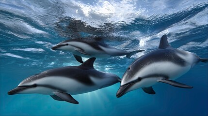 Fototapeta premium Three Hector's dolphins swimming gracefully beneath the ocean surface 