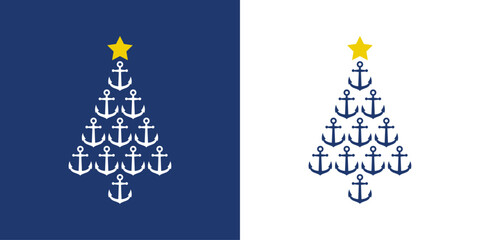 Fototapeta premium Logo nautical. Árbol de navidad formado por anclas de barco con estrella para tarjetas y felicitaciones de Navidad