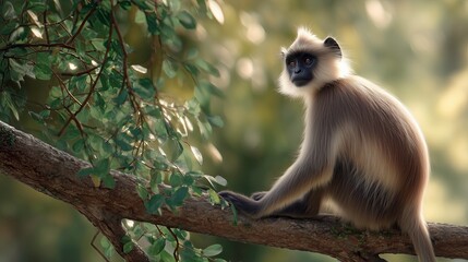 Langur monkey sitting on tree branch with soft morning light  
