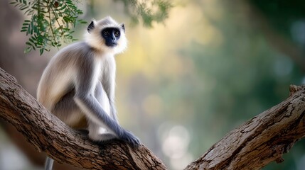 Langur monkey sitting on tree branch in soft morning light  