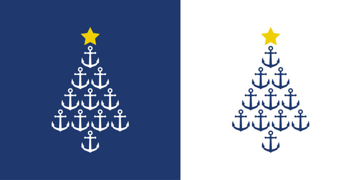 Logo nautical. &Aacute;rbol de navidad formado por anclas de barco con estrella para tarjetas y felicitaciones de Navidad