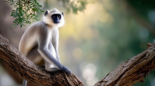 Langur monkey sitting on tree branch in soft morning light  