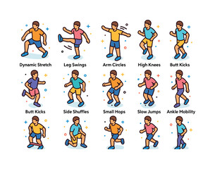 Fototapeta premium Athlete Warm-up Icons. Athlete Warm-ups. Colorful isometric vect