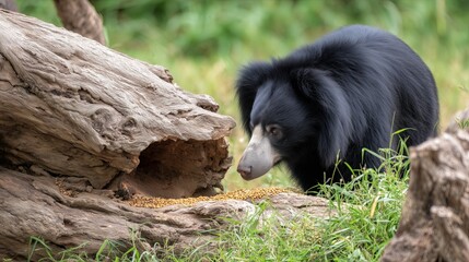 Obraz premium Sloth bear feeding on termites near a fallen log in natural daylight 