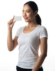 Beautiful Asian Woman Holding Blank Business Card Mockup