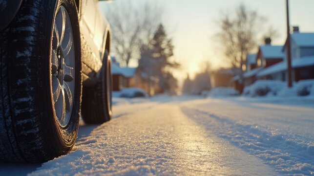 Close-up of a car tire on a snowy street during winter in a suburban neighborhood, highlighting icy conditions and morning light.