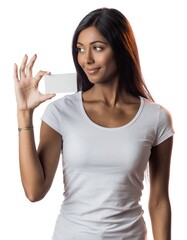 Beautiful Asian Woman Holding Blank Business Card Mockup