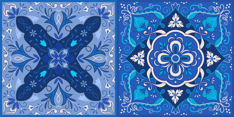 Decorative Tiles in an oriental style with floral and plant ornaments. Bright blue and dark blue patterns in an ethnic style. © Ирина Севостьянова